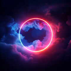 Surreal Nightscape with Glowing Neon Circle Encircling Blue and Pink Clouds
