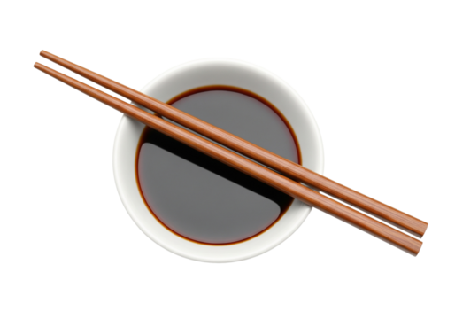 Soy Sauce Bowl with Chopsticks Isolated on White Background - Top View