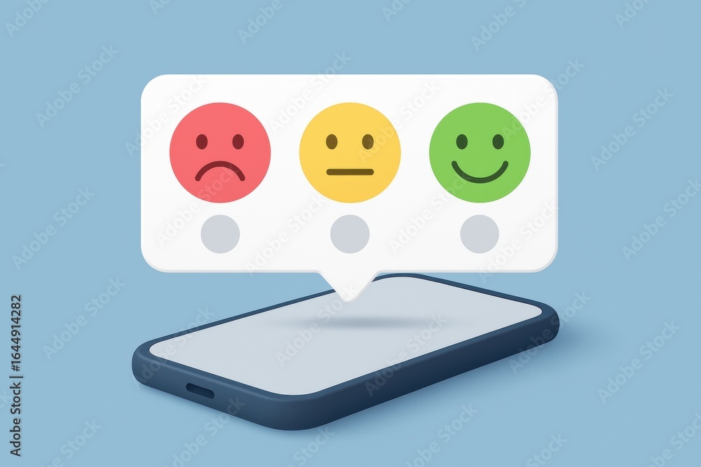 Poster customer satisfaction survey: a modern smartphone displays three emoji expressing varying degrees of