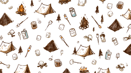 A seamless doodle pattern of cute doodle-style camping items like tents, campfires, and smiling marshmallows on sticks, isolated on a Transparent Background