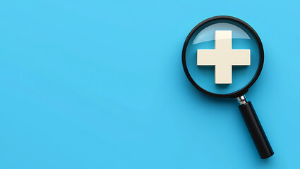 Fototapeta premium Magnifying glass examining a white plus symbol lens