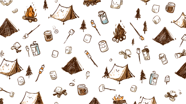 A seamless doodle pattern of cute doodle-style camping items like tents, campfires, and smiling marshmallows on sticks, isolated on a Transparent Background - Powered by Adobe