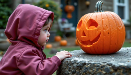 A young child curiously gazes at a carved pumpkin during a festive autumn evening.