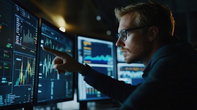 Person reviewing multiple computer screens displaying financial data.