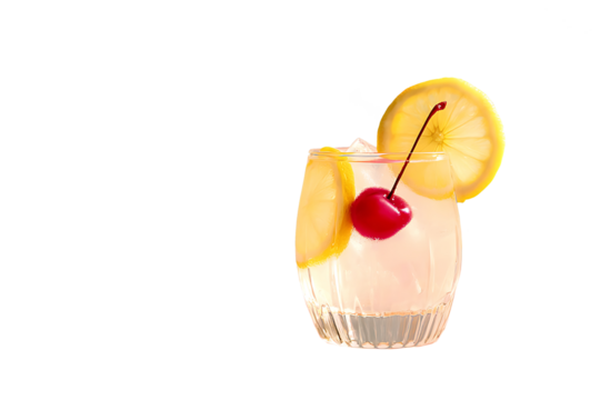  a Tom Collins cocktail, a classic gin based drink with lemon and cherry garnis 