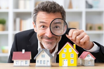 Smiling professional examines miniature house models for real estate evaluation
