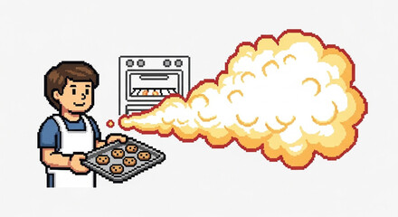 Pixelated baking cookies with fiery oven explosion