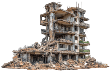 Ruined multi-story building in debris field