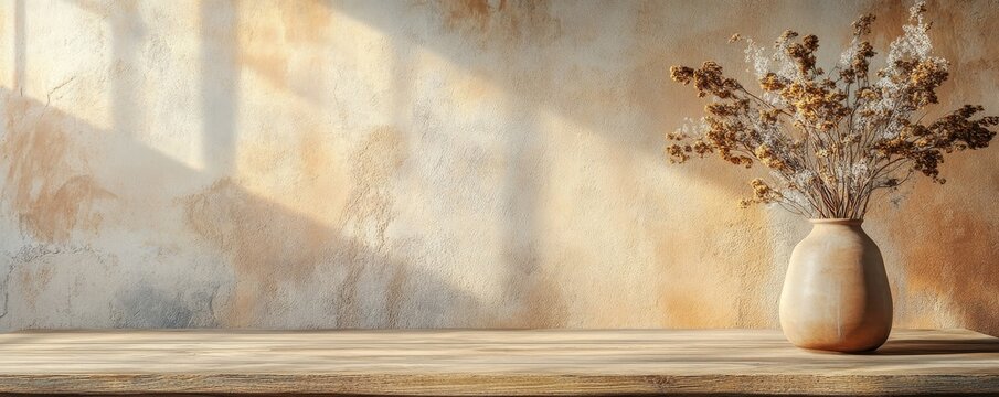 Wooden table with a vase of dried flowers positioned near an empty blank terra cotta wall, offering a serene home interior background for a modern living room. 3D rendering, Generative AI