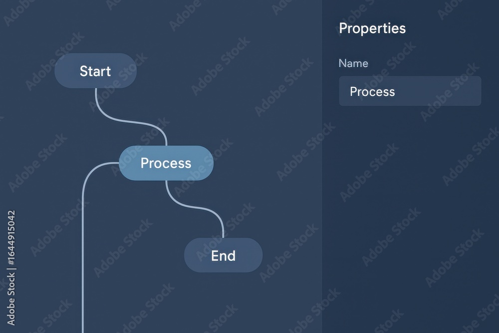 Poster minimalist process tree diagram with start, intermediate steps and editable process properties panel