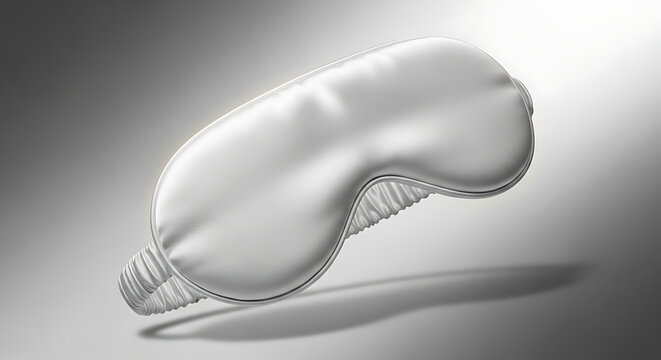 A smooth, satin sleep mask is suspended in a minimalist studio setting, highlighting its soft texture and the elegant, rounded design.
