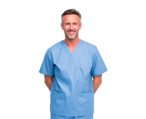 Smiling healthcare professional in blue scrubs on transparent background, PNG