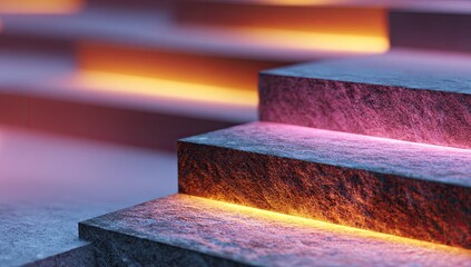 Abstract close-up of textured stone steps illuminated with warm and cool neon lights, creating a dramatic, shallow depth of field effect