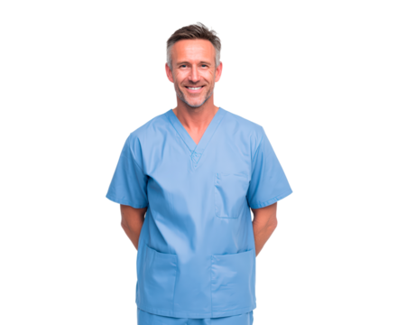 Smiling healthcare professional in blue scrubs on transparent background, PNG