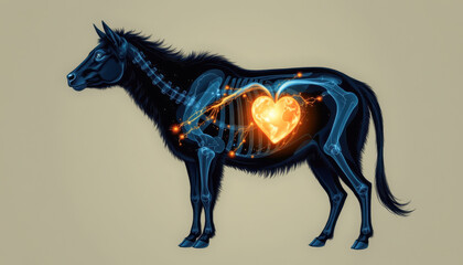 An artistic depiction of a horse with an illuminated heart and skeletal structure, blending anatomy and emotion.