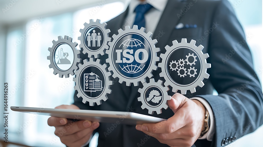 Aufkleber iso standards visualization business professional holding tablet displaying gear cogs with quality c