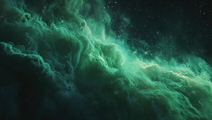 Emerald nebula swirls through dark space, illuminated by distant stars, creating a celestial tapestry of vibrant green hues and shadowy depths