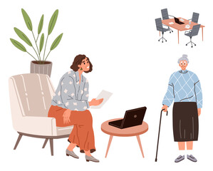 Fototapeta premium Woman sitting in armchair discussing with elderly lady who leans on cane, laptop on coffee table nearby. Ideal for healthcare, communication, caregiving, consultation, family support, senior