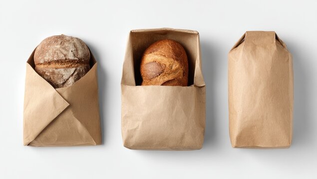 Three loaves of bread in brown paper bags