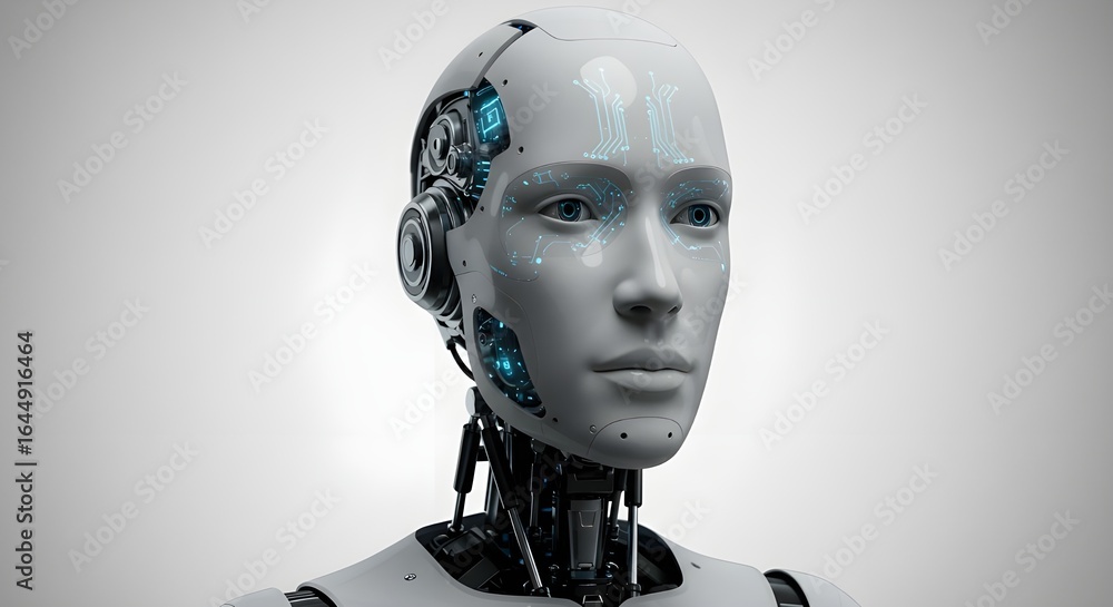 Poster humanoid robot head and shoulders close up | futuristic ai artificial intelligence concept for techn