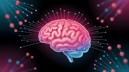 Illustration of a pink and blue brain with connections on a dark background with red spheres