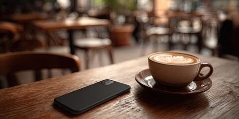 Cafe scene with latte and phone