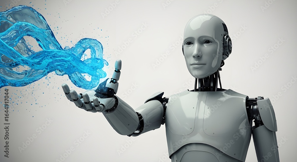 Aufkleber android holding flowing blue energy | futuristic robot with power stream for technology and innovati