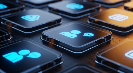 Digital communication icons glow on futuristic interface buttons