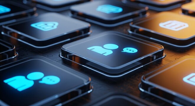 Digital communication icons glow on futuristic interface buttons