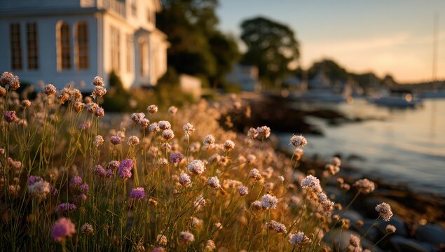 Coastal sunset scene; wildflowers in soft focus foreground, blurred white house and harbor in background, golden hour light