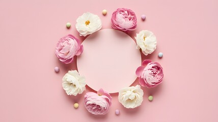 A pastel pink backdrop featuring a circle surrounded by pink and white flowers with small candies