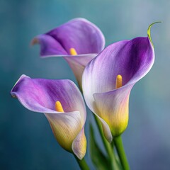 Three pale purple calla lilies, subtly shaded, with creamy yellow centers, elegantly arranged against a soft teal backdrop