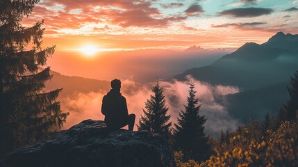 Obraz premium Silhouette of a man sitting on a mountaintop at sunrise, looking out at the view.