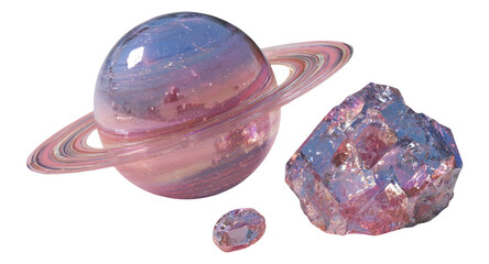 Isolated 3D Representation of Pink and Blue Planet with Transparent Crystal