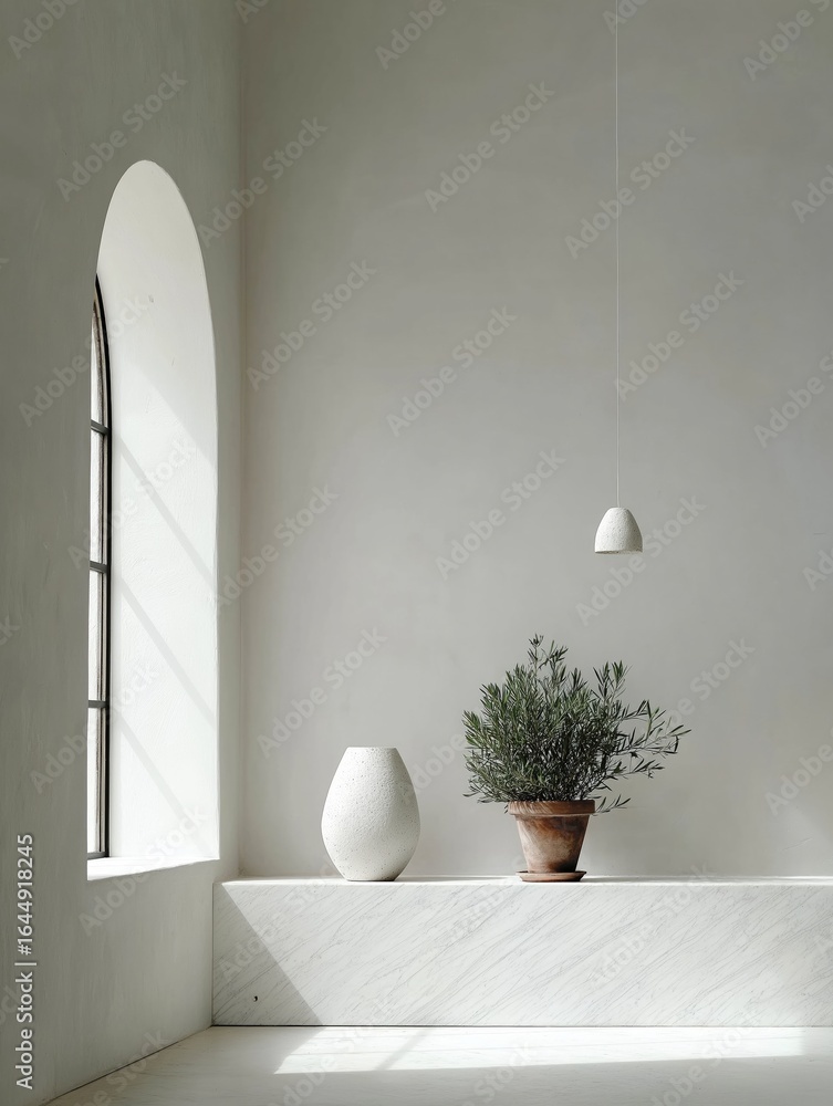 Poster corner of a room with a white wall and a large arched window on the left side. on the right side of 