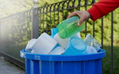 Hand dropping a green plastic jar into a blue recycling bin overflowing with plastic containers Keywords: recycling, plastic, waste, container, bin, blue bin, green jar, hand, throwing away