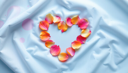 Colorful rose petals arranged in a heart shape on a soft, smooth fabric background, evoking love and beauty.