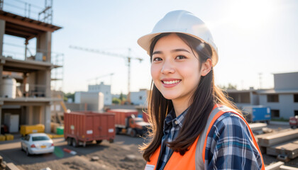 Confident female construction worker smiles at the camera on a busy work site, showcasing her dedication and teamwork.