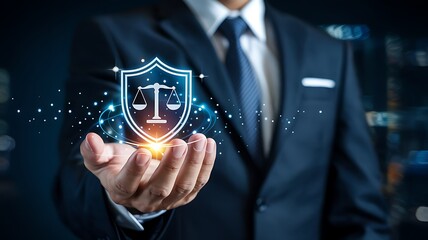 Businessman holding a glowing digital shield with scales of justice symbolizing legal protection and corporate security in a modern business environment