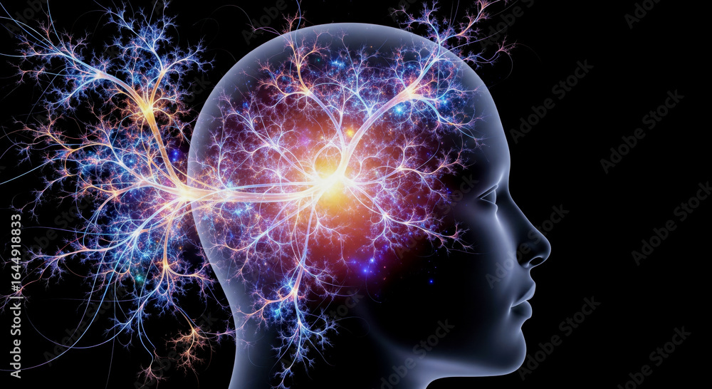 Poster artificial intelligence concept, human brain profile with glowing neural network, neurons and synaps
