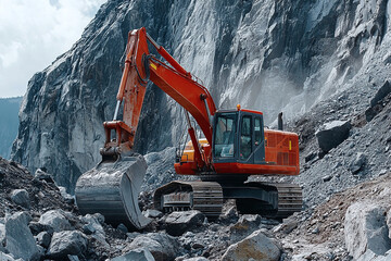 Excavator Working in Rocky Quarry During Excavation Process, performing tasks related to mining or construction.