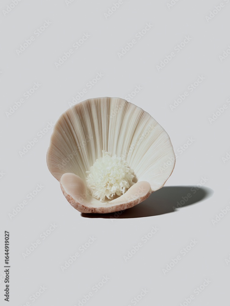 Aufkleber photograph of a scallop shell. the shell is light beige in color and has a smooth texture. it is pla