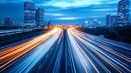 Night view of urban highway with light trails from moving vehicles. Concept of modern city life, speed, and transportation.