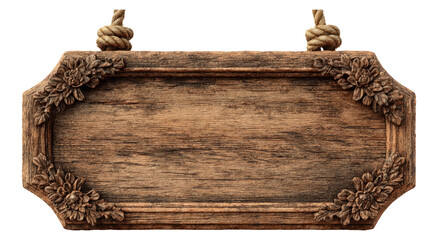 Wooden Signboard with Floral Carvings on Isolated Background
