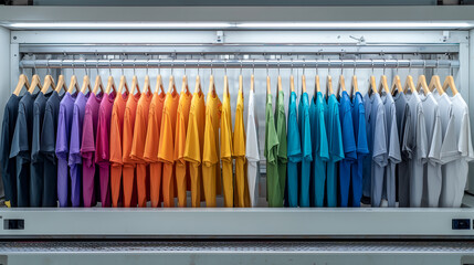 T-shirts on hangers, each in different colors, arranged neatly at the front view of an industrial textile printing machine.