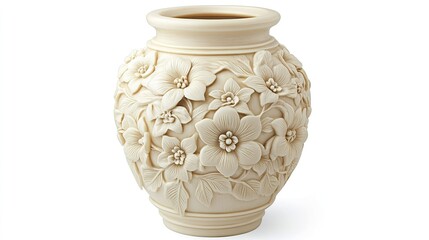 Elegant off-white vase adorned with intricate floral carvings creating a serene decorative piece