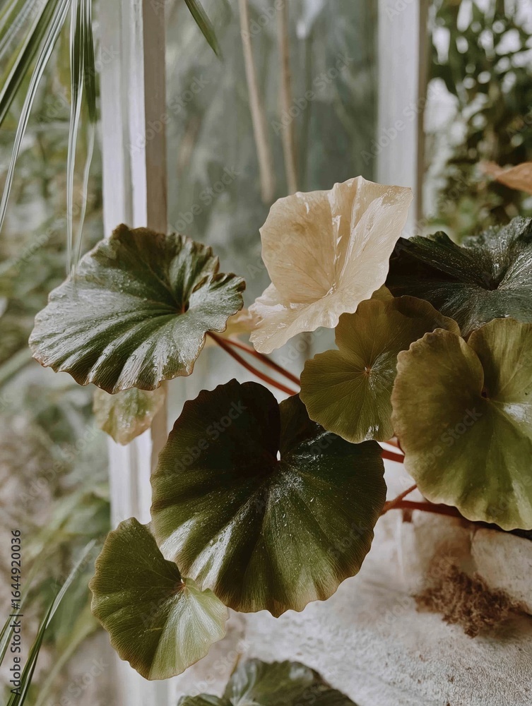 Poster close-up of a plant with large, dark green leaves. the leaves are arranged in a fan-like pattern, wi