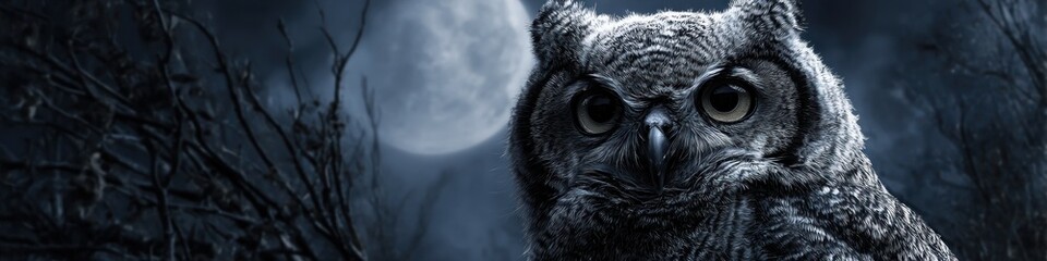 Owl portrait with full moon in the night sky, nocturnal bird of prey watching