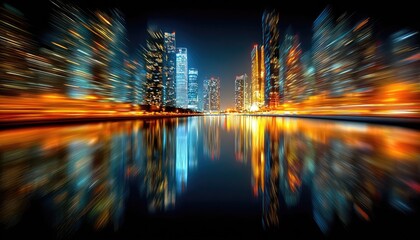 Night cityscape reflected in still water, motion blur effect