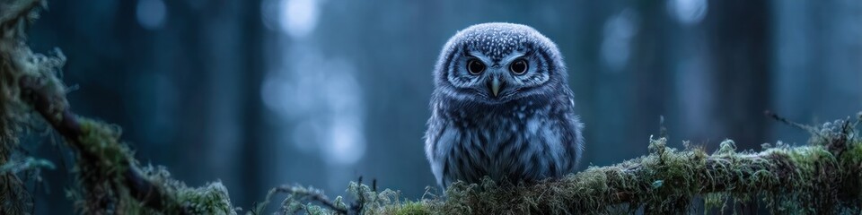 Northern Pygmy Owl Perched on Mossy Branch in a Forest at Night, Wildlife